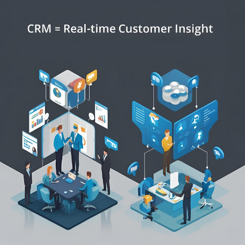 Illustration showing CRM = Real Customer Insights at a business event
